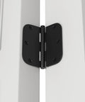 Close-up of Matte Black 3.5 Inch Door Hinges For Interior Doors With Rounded Five Eighths Inch Radius Corners, installed on door.