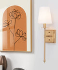Sleek Modern Wall Sconces in Antique Brass Brush Finish With White Fabric Shade, Slim Metal Fixture in room setting