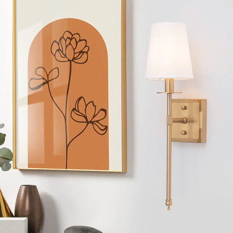 Sleek Modern Wall Sconces in Antique Brass Brush Finish With White Fabric Shade, Slim Metal Fixture in room setting