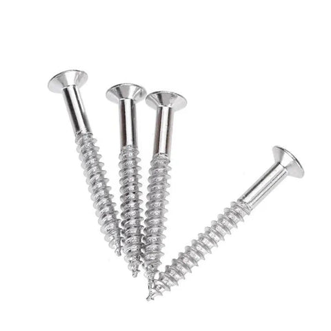Set Of 4 Chrome Guitar Neck Joint Ferrule Bushings With Matching Screws, Zinc Alloy Replacement Parts, Durable And Easy To Install, Ideal For Replacing Worn Or Damaged Guitar Or Bass Hardware. chrome screws shown on white background