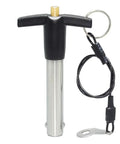 Marine Grade Stainless Steel Ball Lock Pins Quick Release Indexing Spring Positioning Safety Dowels 5/8 By 4 Inch shown with ergonomic handle.