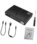 Portable Mini UPS Backup Power Supply For Routers And Wifi Modems 5V 9V 12V Outputs with cables and manual displayed.