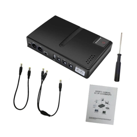 Portable Mini UPS Backup Power Supply For Routers And Wifi Modems 5V 9V 12V Outputs with cables and manual displayed.