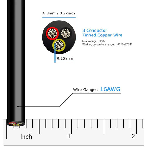 Diagram of 16 Gauge 3 Conductor Electrical Wire 32.8 Feet Black Low Voltage Cable showing dimensions and wire gauge