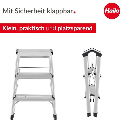 Two Sided Folding Step Ladder D60 Grab And Go Ready For A 330 Lb Capacity And Three Steps, Easy Reach In Kitchens, Garages, And Workshops, Lightweight Aluminum Build With Safe Deep Ribbed Steps, folded and open front view