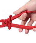 Close-up of a red 3 Piece Hose Pinch Off Pliers Set Durable Nylon Non Conductive Clamp Pliers with adjustable jaw, held in a hand