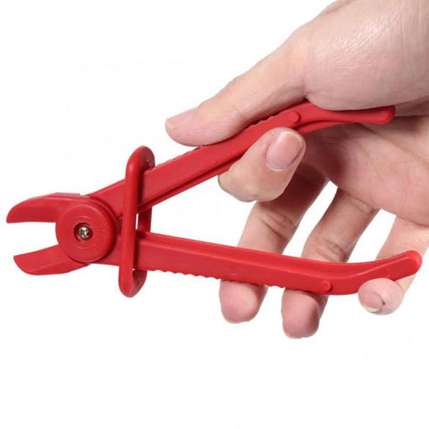 Close-up of a red 3 Piece Hose Pinch Off Pliers Set Durable Nylon Non Conductive Clamp Pliers with adjustable jaw, held in a hand