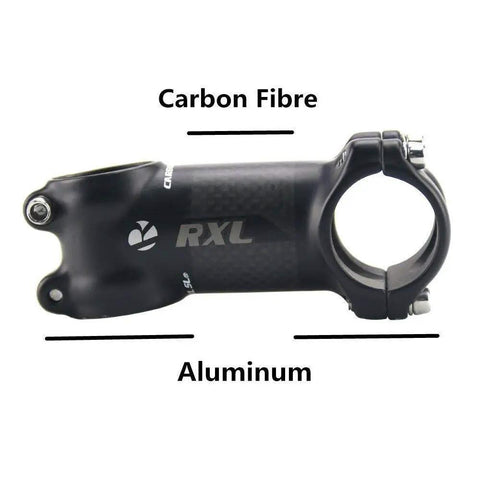 Ultra Lightweight Carbon Fiber Bike Stem 31 8mm Clamp 60mm Length 6 Degree Rise Road and Mountain Bike Compatible Matte 3K Finish Hybrid Carbon and Aluminum Build Red and Black Color close-up showing materials