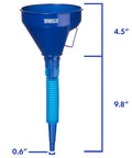 Blue funnel from Color Coded Automotive Flex Funnel Kit With Hose And Mesh Filter 2 Pack Wide Mouth Oil Funnel, labeled dimensions.