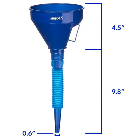 Blue funnel from Color Coded Automotive Flex Funnel Kit With Hose And Mesh Filter 2 Pack Wide Mouth Oil Funnel, labeled dimensions.