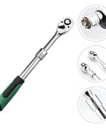 Heavy Duty Badass Shop Rated Steel Expanding Ratchet Wrench Featuring Lightning Fast 72-Tooth Swivel Action Quick Release Ergonomic Handle For All Standard Sockets close-up of swivel head and ergonomic grip.