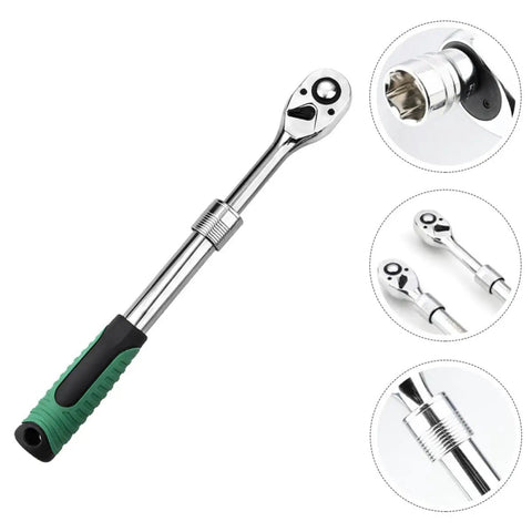 Heavy Duty Badass Shop Rated Steel Expanding Ratchet Wrench Featuring Lightning Fast 72-Tooth Swivel Action Quick Release Ergonomic Handle For All Standard Sockets close-up of swivel head and ergonomic grip.
