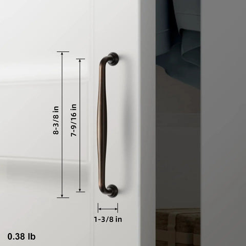 Oil Rubbed Bronze Cabinet Pulls 7 9 16 Inch Centers Six Pack Sleek Transitional Spindle Handles installed on white cabinet