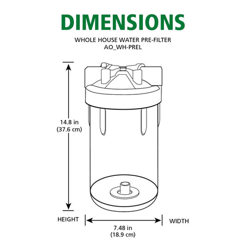 Diagram showing dimensions of Single Stage Whole House Water Filter System For Sediment, Large 4.5 Inch Cartridge