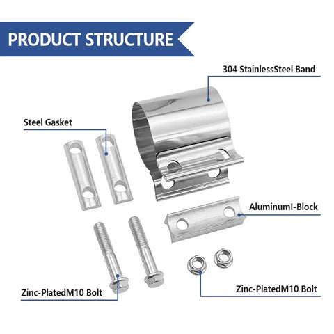 Stainless Steel Lap Joint Band Clamp 2.25 Inch Exhaust Clamp Set For Universal Pipe Repair And Car Accessories showing components