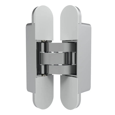 Heavy Duty Concealed Door Hinge Delivers True 180 Degree Swing For Interior Rooms, chrome finish, showcasing adjustable hidden hardware.