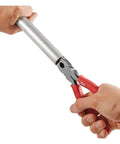 8-Inch Long Nose Pliers With Reaming Head And Onboard Fish Tape Pulling, red-handled, gripping a metal pipe