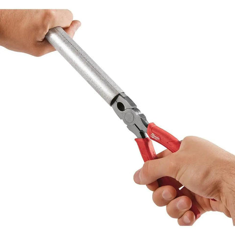 8-Inch Long Nose Pliers With Reaming Head And Onboard Fish Tape Pulling, red-handled, gripping a metal pipe