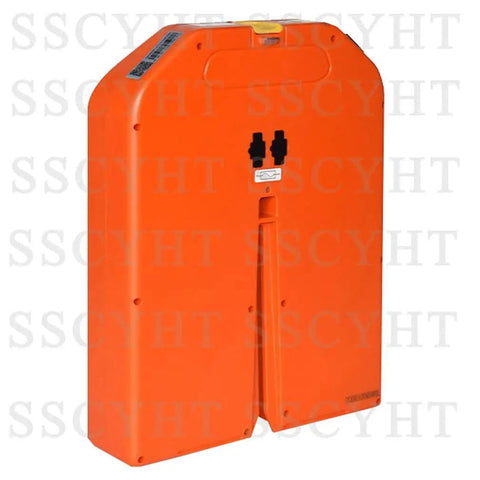 Upgrade Your PTE20N Electric Pallet Jack With This Rock Solid 48V 20AH LiFePO4 Lithium Battery Pack Featuring Compact 378X280X75mm Design, orange battery pack with charging port.