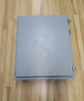 Top view of Industrial Control Panel Enclosure 1418 E6 on wooden floor, heavy-duty steel cabinet for rugged job sites N289829