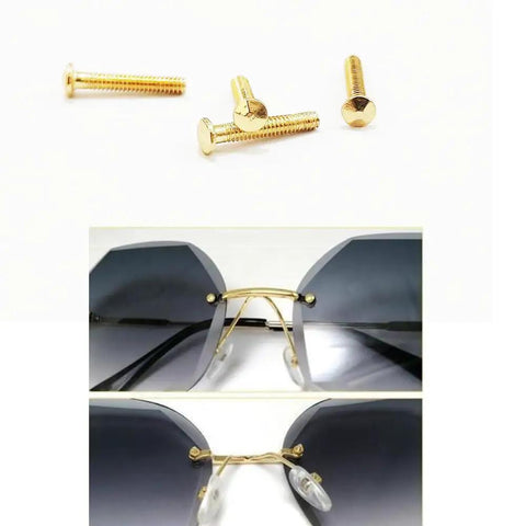Gold Rimless Glasses Repair Kit Loaded With Diamond Head Screws Screw Washers Nut Caps And Four In One Screwdriver For No Stress Frame Tweaks And Rock Solid Fit, featuring gold diamond screws.