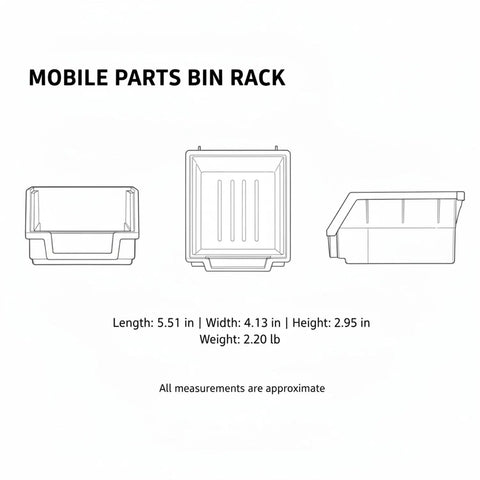Technical diagram of Double-Sided PP Plastic Bin Organizer For Small Parts, showing dimensions and weight from three angles.