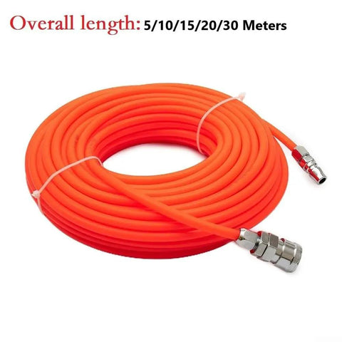 Built Tough Air Compressor Hose With Polyurethane Tubing And C Type Quick Connect Fittings Flexible Pneumatic Air Line coiled in orange, 10 meters.
