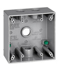 Front view of Weatherproof 2 Gang Electrical Box With Four Half Inch Knockouts 31 Cu In Capacity Die Cast Metal Housing For Receptacle Or Switch Wiring Includes Ground Screw Closure Plugs Mounting Lugs Gray.