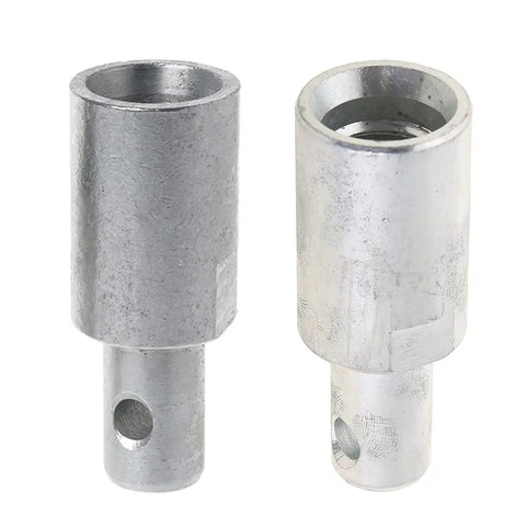 Two steel connectors, Earth Auger Head Bit Arbor Connector Adapter for Water Borer Tool, shown vertically with drilled holes