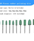 100 Piece Rubber Polishing Bits Set For Dremel Rotary Tools With One Eighth Inch Shank Silicone Rubber Buffing Heads in assorted sizes