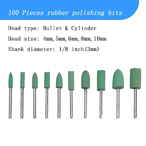 100 Piece Rubber Polishing Bits Set For Dremel Rotary Tools With One Eighth Inch Shank Silicone Rubber Buffing Heads in assorted sizes