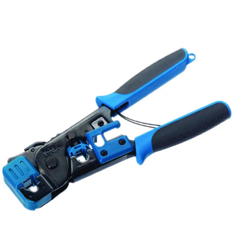 Telemaster Modular Plug Crimp Tool for CAT5e and CAT6 data and voice cables, ergonomic grip, blue handles, round cable stripper