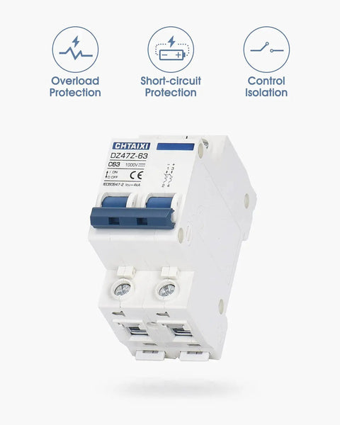 Front view of DC Miniature Circuit Breaker 2 Pole 1000V 63A Isolator For Solar PV System with Thermal Magnetic Trip.