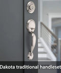 Dakota Front Door Lock Handle And Deadbolt Set For Exterior Entry, Satin Nickel Finish on a grey door