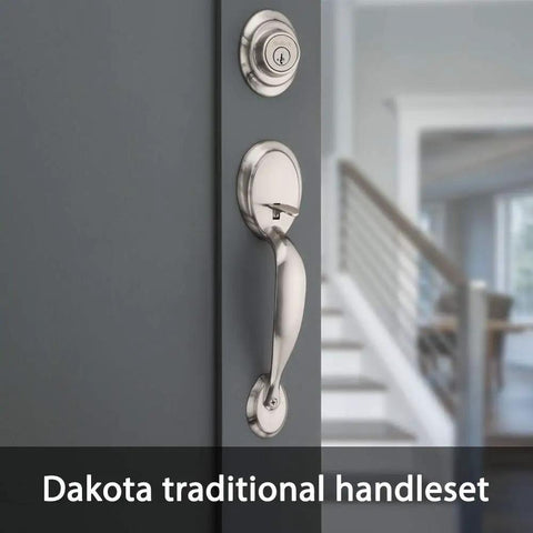 Dakota Front Door Lock Handle And Deadbolt Set For Exterior Entry, Satin Nickel Finish on a grey door