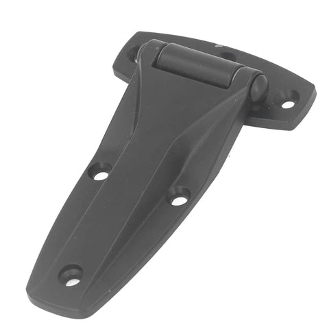 Soft Close T Hinge Zinc Alloy For Inward And Outward Doors, black sturdy T strap hinge angled view, suitable for cabinets and furniture replacement.