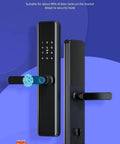 Slick Fingerprint Door Lock Delivering Dead Easy App Pairing And Rock Solid Setup For Tight Home Security Plus Fast Guest Swipes Via Custom Temp Codes And Lightning Fast Biometric Scanning on a blue background.