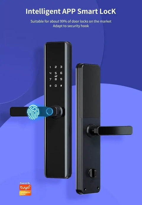 Slick Fingerprint Door Lock Delivering Dead Easy App Pairing And Rock Solid Setup For Tight Home Security Plus Fast Guest Swipes Via Custom Temp Codes And Lightning Fast Biometric Scanning on a blue background.