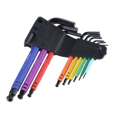 Kick Up Your Gear Game With This 9Pcs Long Arm Hex Key Set Featuring Durable Hardened Steel L Shape Wrenches That Crush Tough Jobs Without Breaking Or Slipping For Serious Repair Pros And DIY Whizzes Alike., 9-piece hardened steel L-shaped hex key set in storage holder