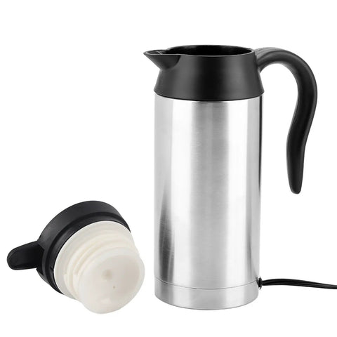 Portable Car Electric Kettle 750ml 24V Truck RV Compatible Hot Water Boiler with lid, stainless steel body, and insulated handle.