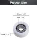 Mromax White Nylon Roller Idler Bearing Pulley 8X32X12mm Sliding Conveyor Wheel showing dimensions for use in track systems.