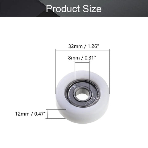 Mromax White Nylon Roller Idler Bearing Pulley 8X32X12mm Sliding Conveyor Wheel showing dimensions for use in track systems.
