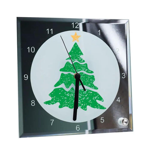 Twenty Pack Sublimation Blank Clock Glass Photo Frames 7.8 Inch Square For DIY Wall Decor And Heat Transfer Printing Includes Clock Hands And Stand Battery Not Included  with Christmas tree design and clock hands visible on a glass frame