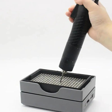 Heavy Duty Automatic Screw Feeder For M1.0 To M4.0 Fasteners Featuring Six Spacious Sorting Trays And Precision Vibration Dials in use with black handle.