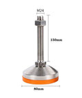 Rock Solid 304 Stainless Steel Adjustable Leveling Feet 4 Pack M24 Screw D80 Base 150mm Height shown from side view with dimensions.