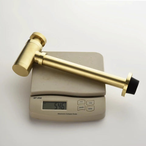 Premium Brass P Trap Kit For Bathroom Sink Drain One And One Quarter Inch Inlet Round Bottle Style With Adjustable Lavatory Waste Drain Rust Resistant Brushed Nickel Gold Finish Modern Sleek Look No Fuss Install Exposed Drain Solution on a scale, showing weight.