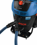 Two Hose Vacuum Y Connector for Dust Extractor System attached to a blue-black GAS20-17A with secure fit port and tethered cap.