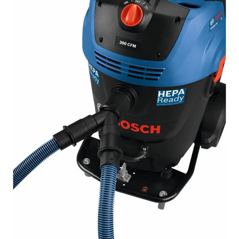 Two Hose Vacuum Y Connector for Dust Extractor System attached to a blue-black GAS20-17A with secure fit port and tethered cap.