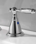 Close-up of handle on Chrome 8 Inch Widespread Bathroom Faucet With Metal Pop Up Drain Lead Free 3 Hole Lavatory Faucet For Sink Vanity Use WF0084C