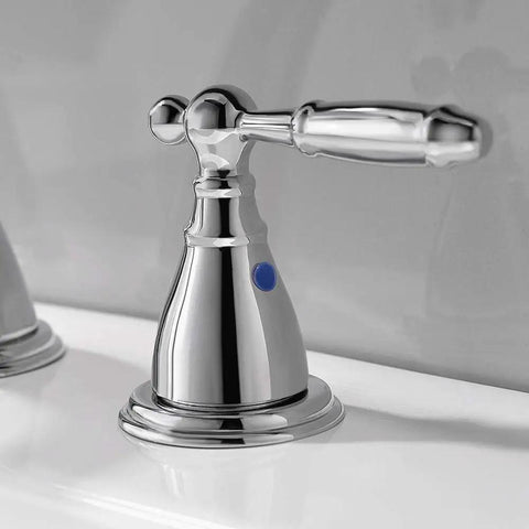 Close-up of handle on Chrome 8 Inch Widespread Bathroom Faucet With Metal Pop Up Drain Lead Free 3 Hole Lavatory Faucet For Sink Vanity Use WF0084C